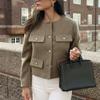 Women Fashion Autumn Winter Single-breasted Textured Round Neck Flip Pocket Short Jacket Coat Chic Ladies Tops Mujer
