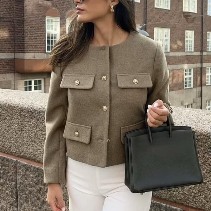 Women Fashion Autumn Winter Single-breasted Textured Round Neck Flip Pocket Short Jacket Coat Chic Ladies Tops Mujer