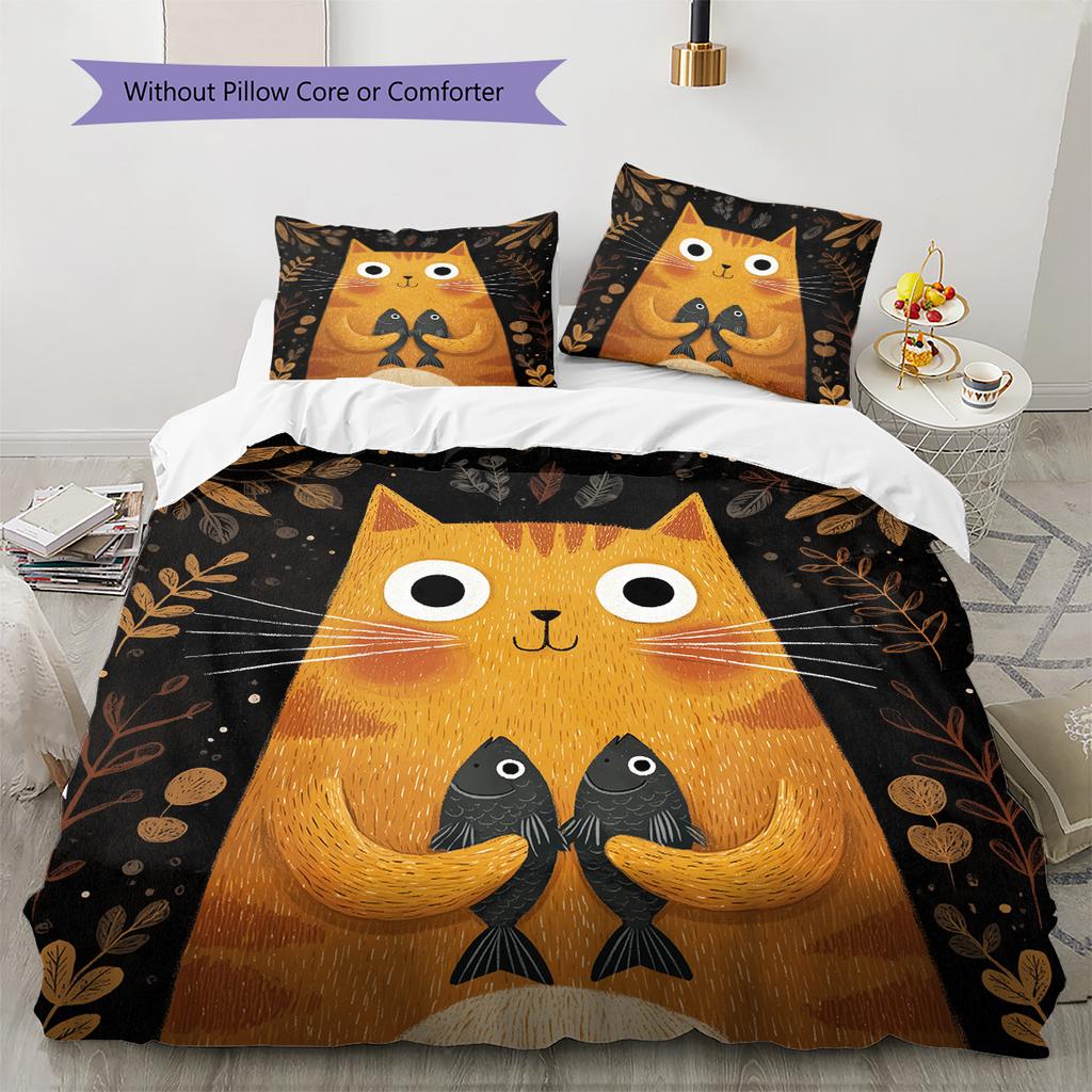 Cat and Fish Pattern Bedding Quilt Set Home Decoration Gift (1 * duvet cover + 2 * pillowcase without core)