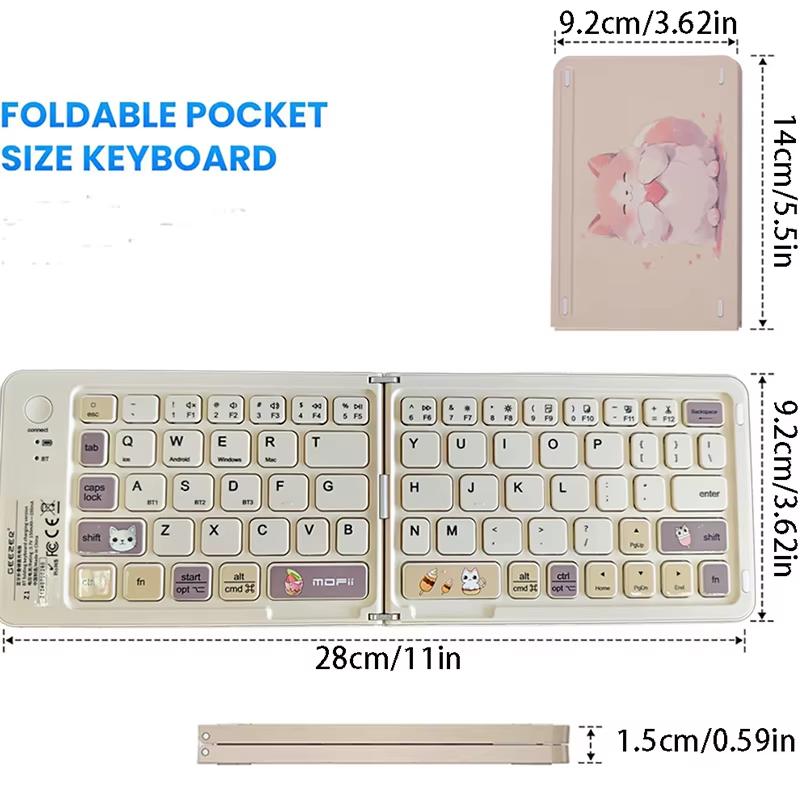 Three Bluetooth Wireless Folding Keyboard 67 Keys Cute Style Rechargeable Wireless Folding Keyboard for Windows/IOS/Android