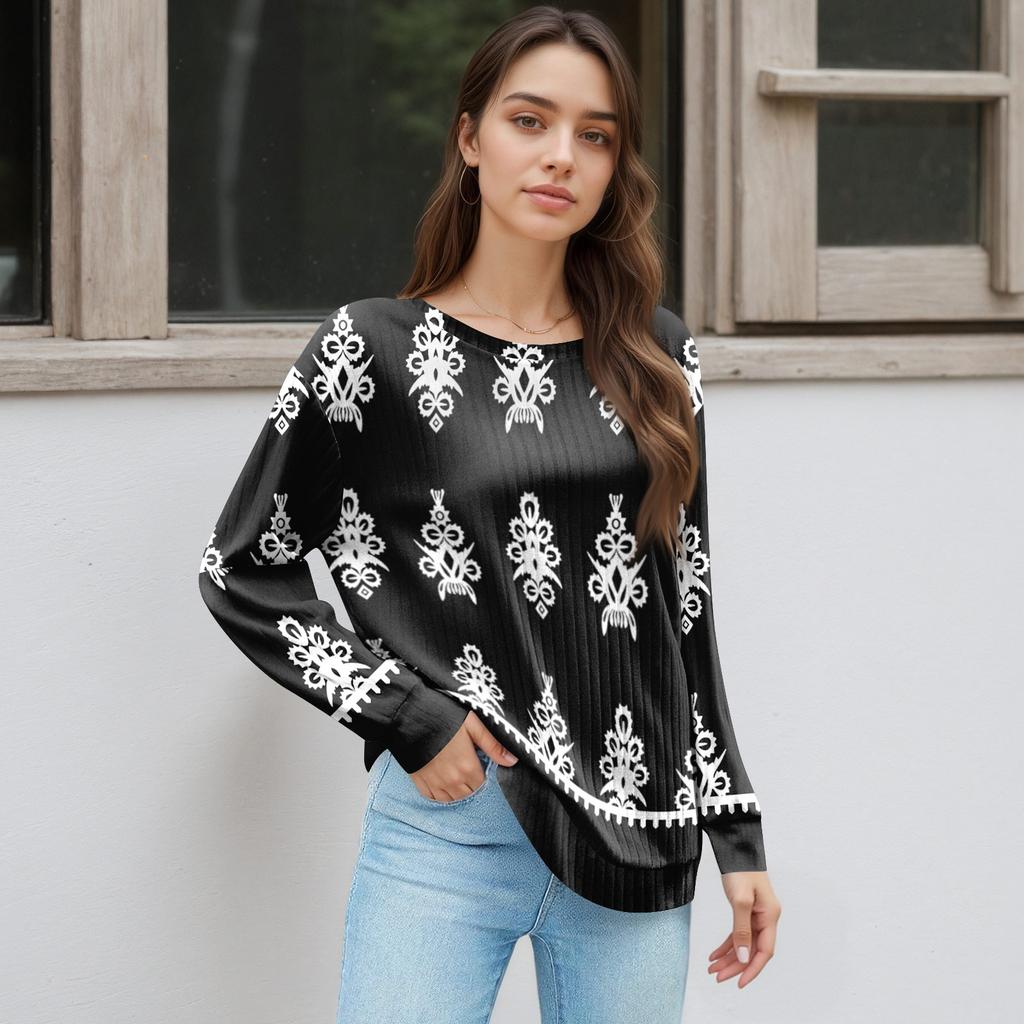 Women's Printed Lightweight Brushed-Cotton Round Neck Top