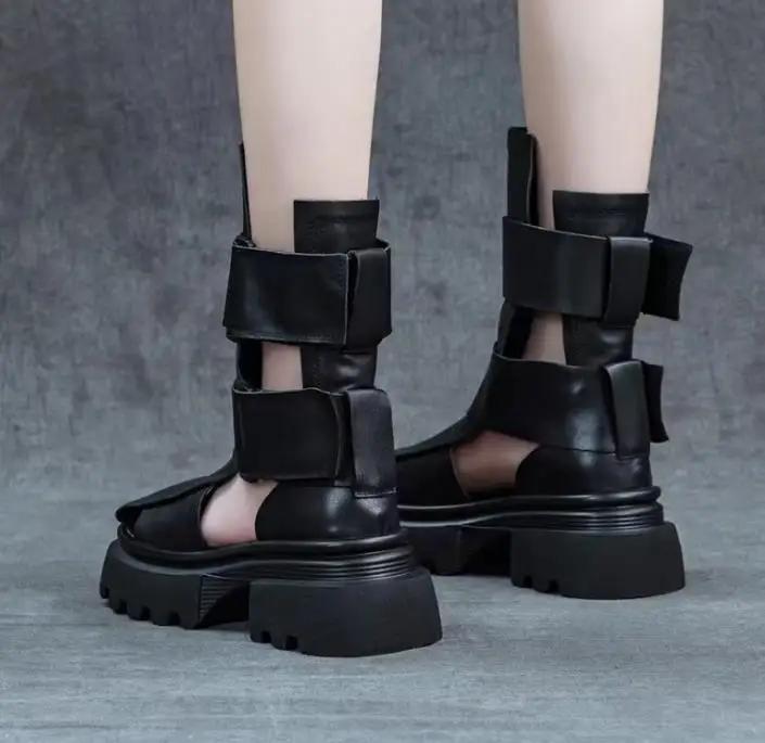 Fashion 6.5CM New Women Gladiator Sandals Summer Thick High Heel Platform Genuine Leather Hollow Roman Sandals Women Mid Calf Cool Boots