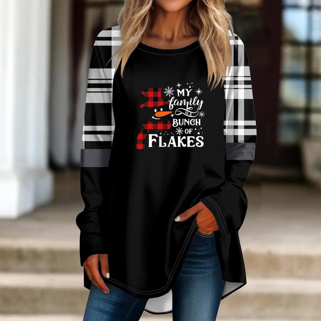 Fashionable Women's Loose Round Neck Christmas Small Print Long-sleeved T-shirt Top Pullover
