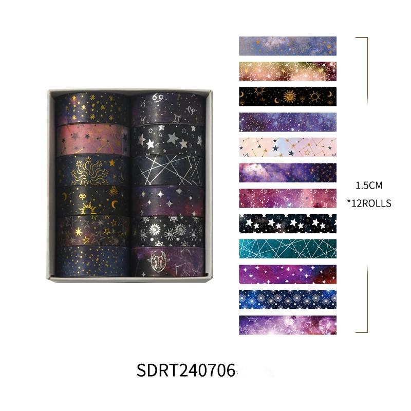 

MINKYS 12pcs/Box Kawaii Black Starry Star Decorative Tape Creative Washi Tape School Stationery