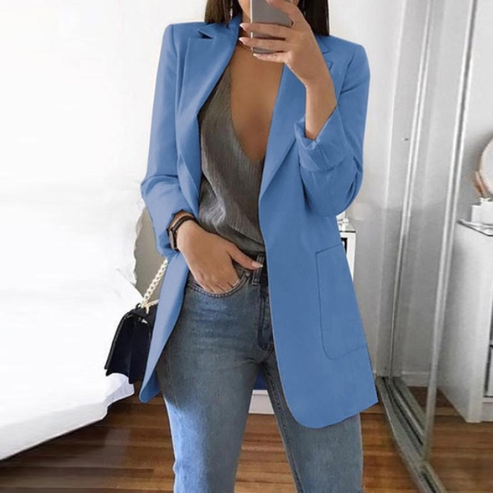 Women s Long Sleeve Solid Color Blazer Jacket Notched Lapel Single Button Closure Tailored Fit Casual Outerwear XL синий
