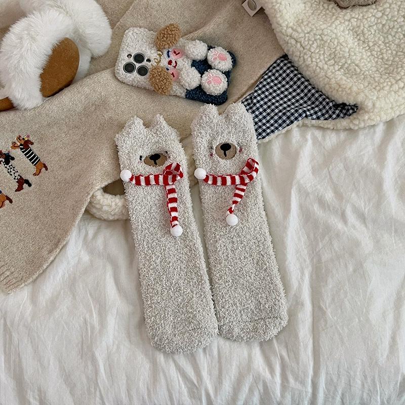 1Pair Sleep Socks Cute Little Bear Cartoon Coral Velvet Socks Soft Polyester Fiber