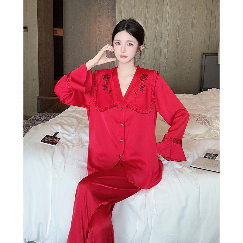 Rose Doll Collar French Sweet Ladies Pajamas Ice Silk Autumn and Winter Long Sleeve Comfortable Homewear Set