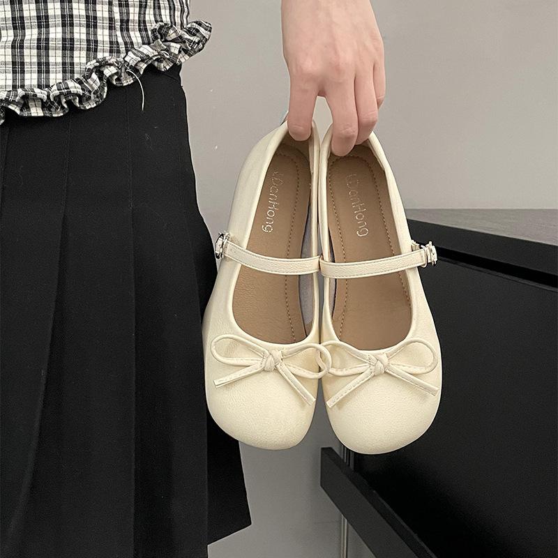 Gentle Round Head Bow Girly Feeling Small Low Heel Temperament Matching Skirt Shallow Mouth Mary Jane Small Leather Shoes Women