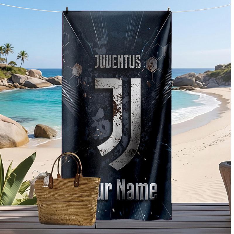Asciugamano da Spiaggia Personalizzato Stampato Juventus FC Logo Calcio Supporto Nome Personalizzato Testo Asciugamano Assorbente Per Sport Viaggio Regalo Speciale