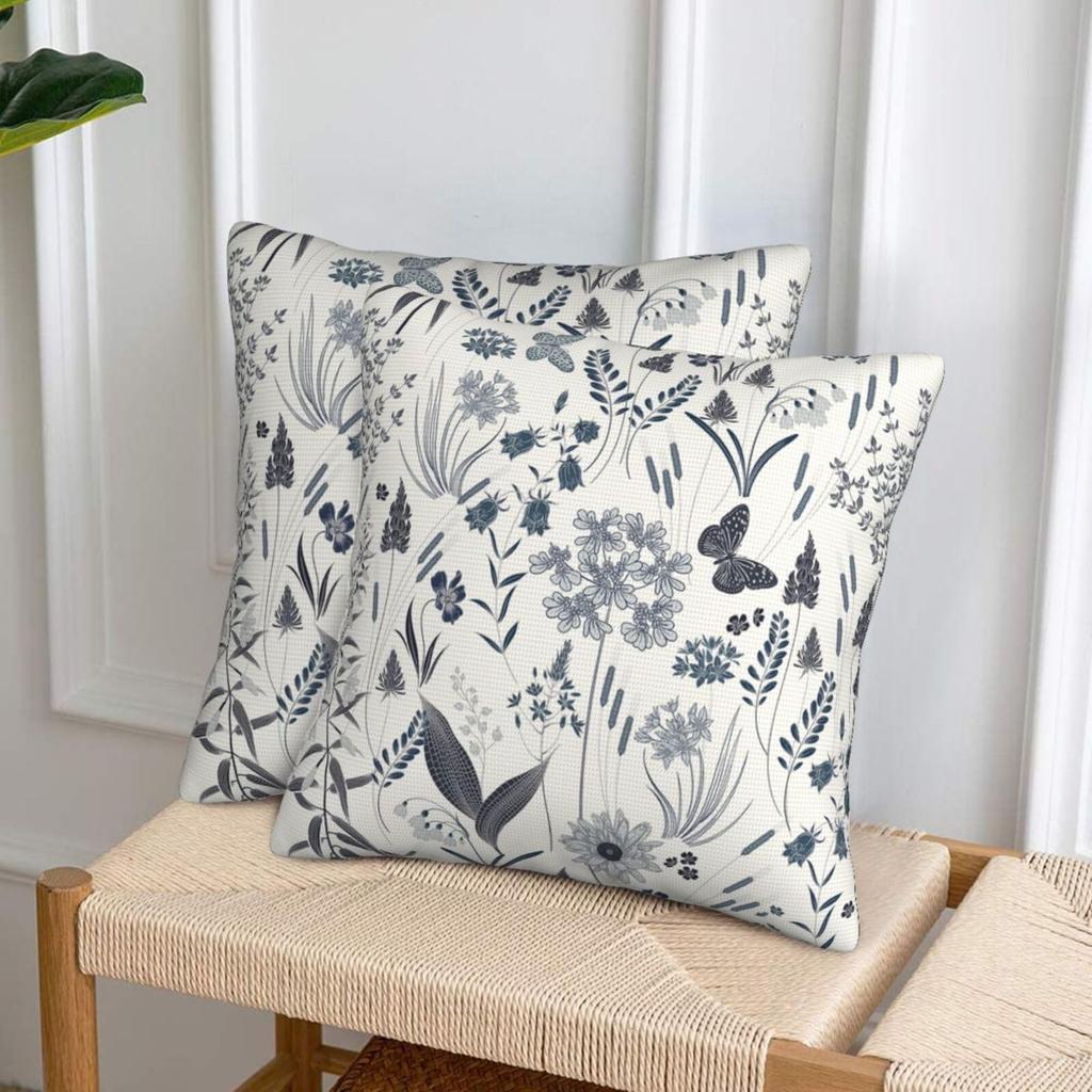 2 Pack Off White Gray Botanical Pillow Covers Double Sided Print Butterfly Wildflower Cushion Cases Home Decor