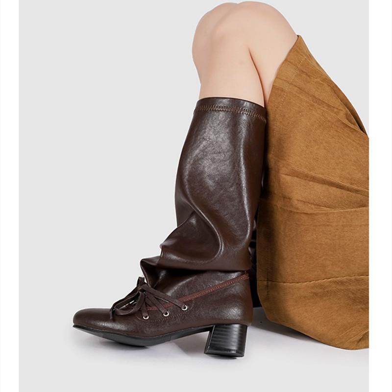 

Модные сапоги до колена в стиле Ins из мягкой кожи с плиссировкой, с круглым носком, на толстом каблуке, повседневные, в стиле панк, рыцарские сапоги, обувь для осени и зимы 40 коричневый