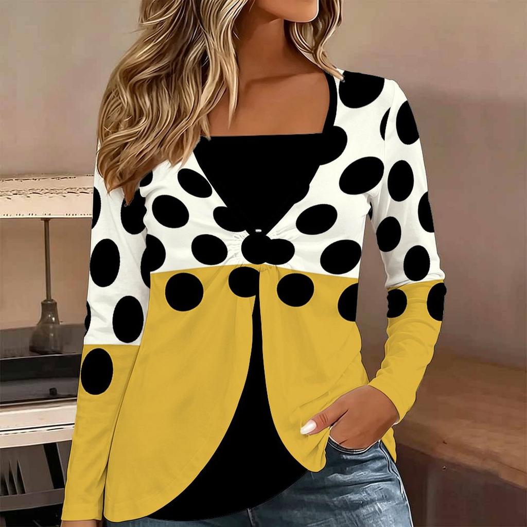 Tops for Women Simple Print Long Sleeve Fake Two‑Piece Top Fall Casual Slim Pullover Women's Long Sleeve Top