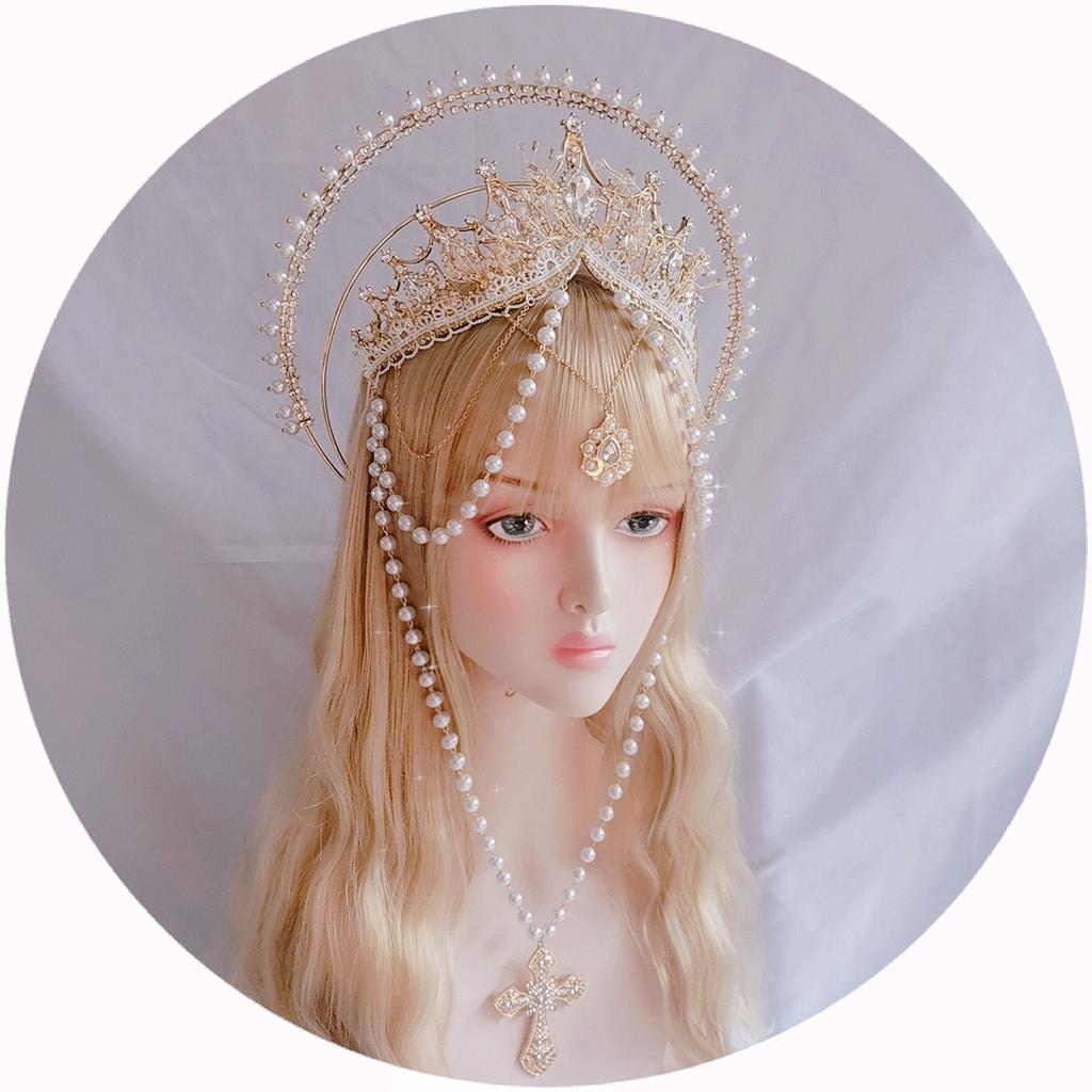 Mary Halo Crown Baroque Saint Headdress Stars Goddess Tiara and Crown for Women Boho Wedding Headpiece Masquerade Headwear