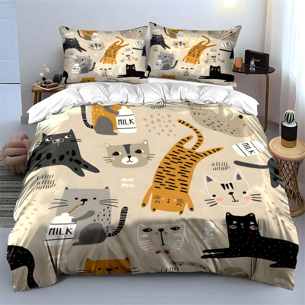 Cute Cartoon Cats and Milk Pattern Bedding Duvet Cover Set (1*Duvet Cover 2*Pillowcases, without duvet insert)