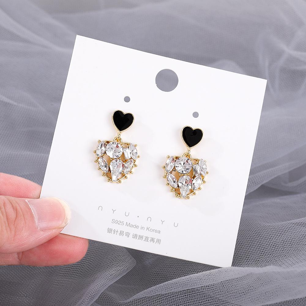 Boucles d'oreilles pendantes en forme de cœur à double couche de luxe pour femmes, bijoux de mariage coréen en cristal strass
