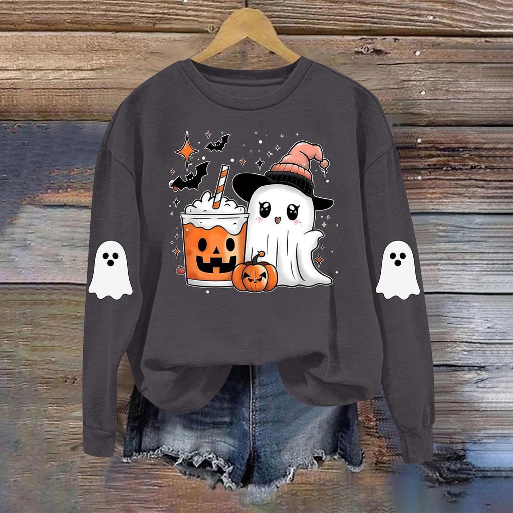 Dame Moteable Casual Langermet Halloween Trykket Rundhals Topp