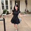 Academy Retro Black Striped Polo Neck Bubble Sleeve Dress Summer Slim and Skinny Temperament Short Skirt