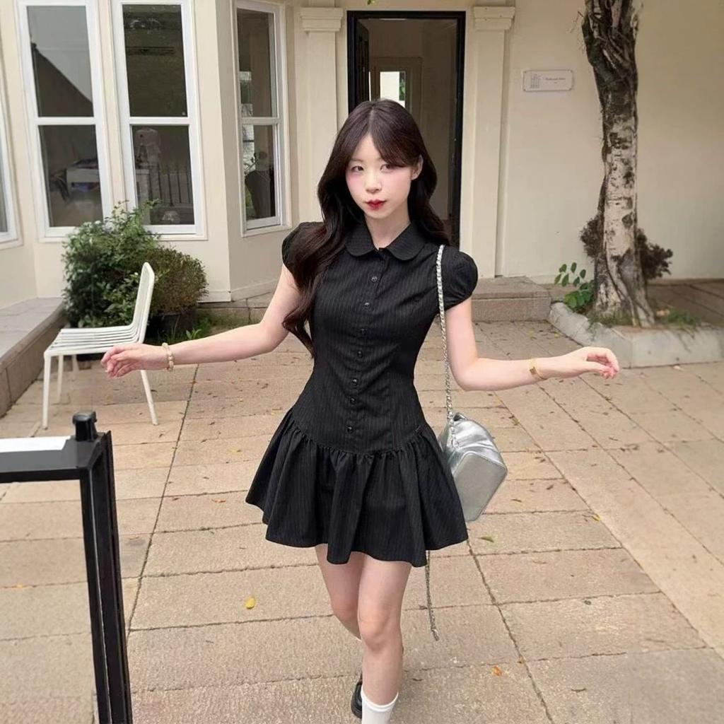 Academy Retro Black Striped Polo Neck Bubble Sleeve Dress Summer Slim and Skinny Temperament Short Skirt