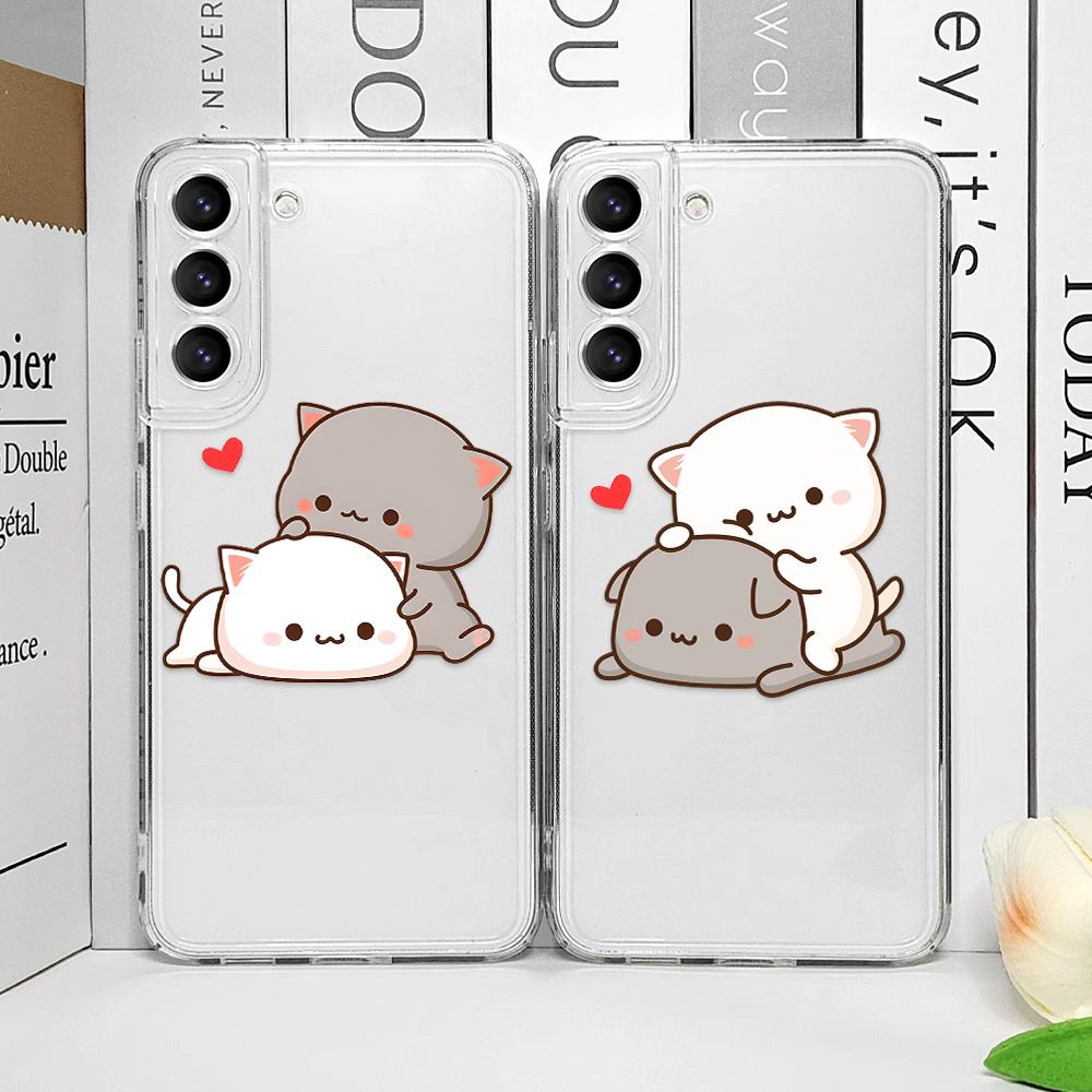 Funny Cartoon Peach Mochi Cat Phone Case for Samsung Galaxy S24 S23 S22 S21 S25 Ultra Plus FE 5G Clear Soft Covers Couple Fundas