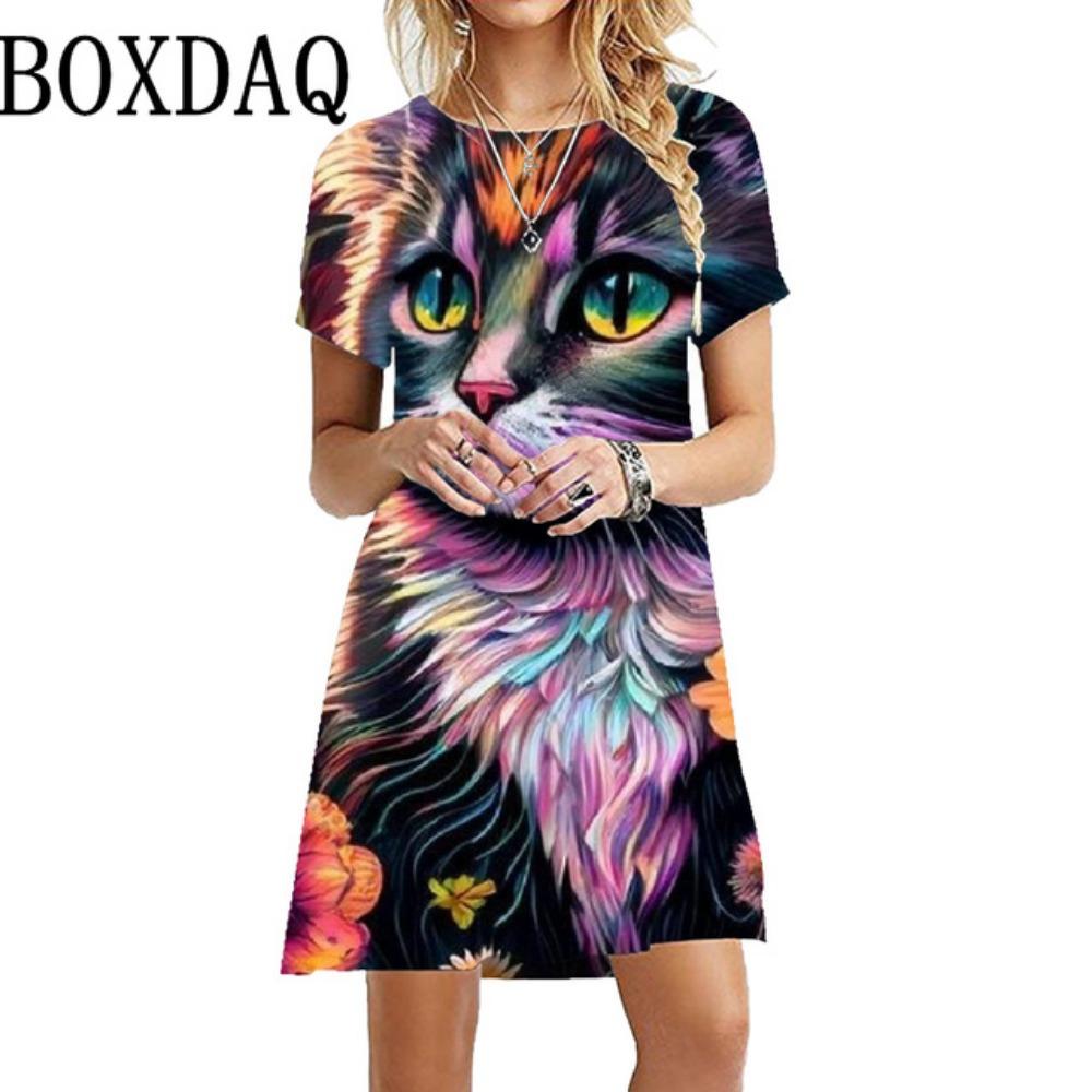 

Kawaii Dress Ladies Short-sleeved Street Cat Fashionable 3D Printing Loose Casual Cute O-neck Fashion Summer Dress 6XL