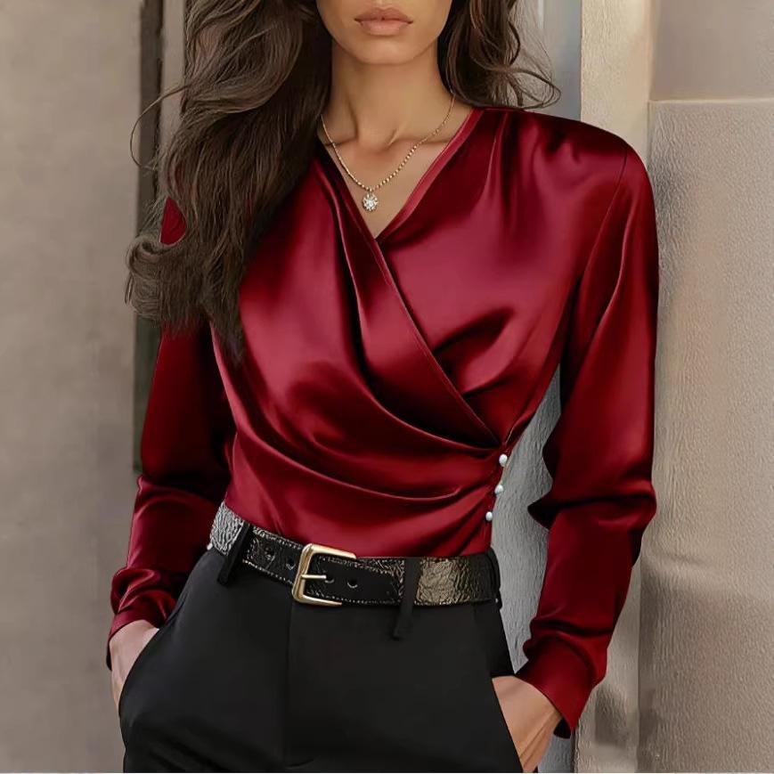 Women's Dark Gray Satin Long Sleeve V Neck Top with Side Pleat and Three Buttons