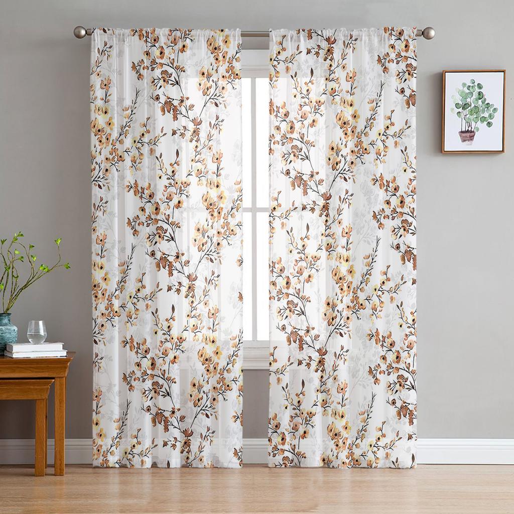 Tüllvorhang mit Aquarellblumen und Blättern, grün, Voile, transparenter Tüll für Schlafzimmer, Wohnzimmer, Küche, durchsichtige Fenstervorhänge