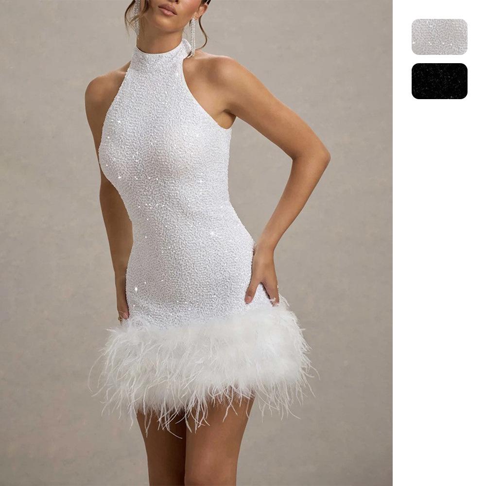 European and American Women's New Sexy Sleeveless Slim Sparkling Plush Dress with Sequins