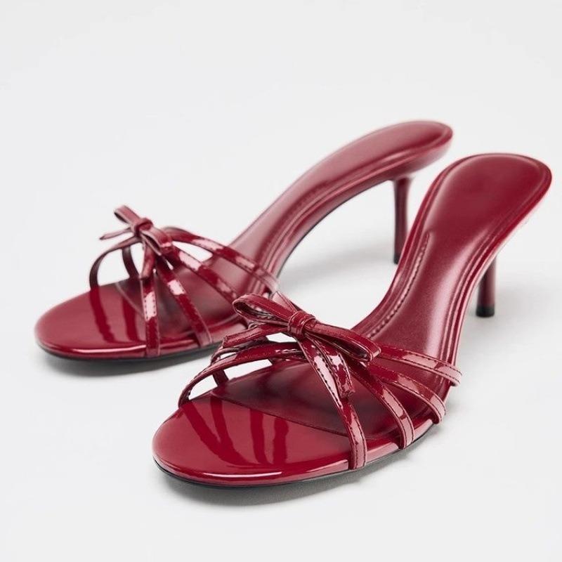 Summer New Fashion Butterfly Knot High Heel Sandals Sexy Red Patent Leather High Heel Slippers Open Toe Thin Heel Pumps Shoes
