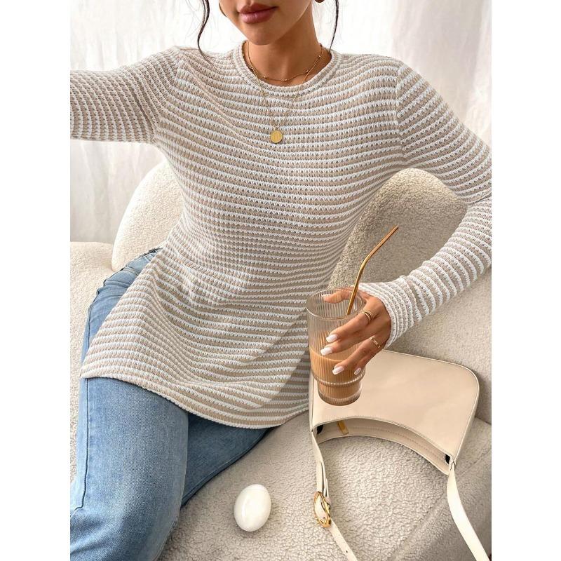 Damenmode Lässig Frühling Herbst Streifendruck Langarm O-Ausschnitt Blusen & Hemden