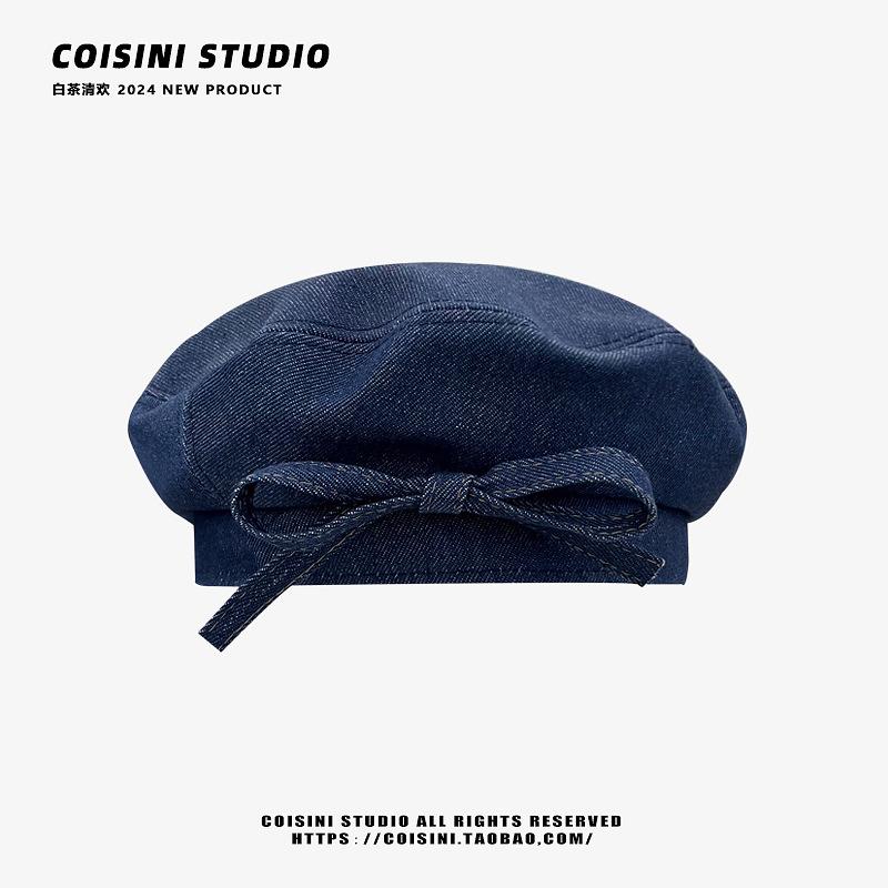 

Японский берет для женщин, простой бант, джинсовый, весна-осень, повседневный, универсальный, трендовый, темпераментный, однотонный, шляпа художника one size