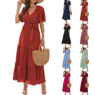 Women's V-neck High Waist Tie Dress  Ball Long Short Sleeve Dress Holiday Travel Dress