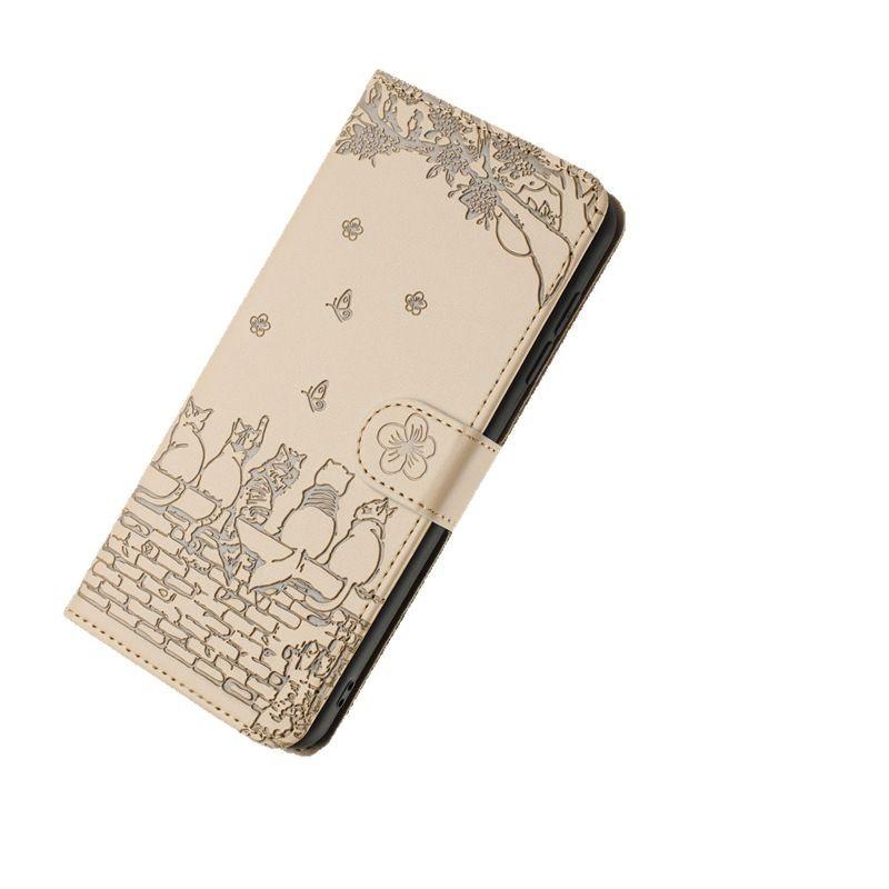 Suitable for iPhone 15 14 13 Phone Case, 15plus Solid Color Embossed Cat Card Slot Wallet Protective Case
