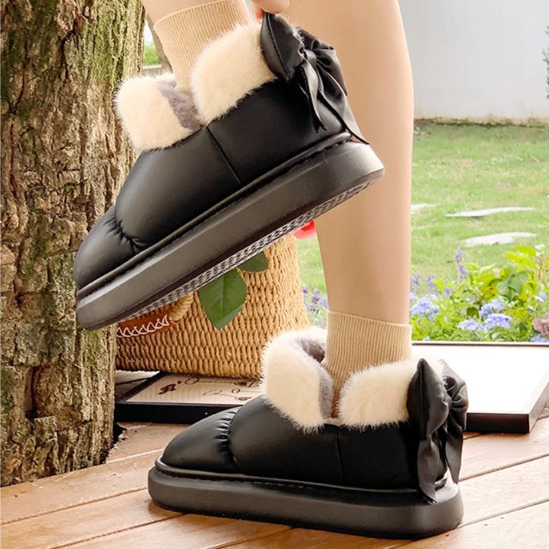 Butterfly Knot Cotton Slippers for Women's Autumn Winter Indoor Home Use Thick Soled Anti Slip Plush Warm with Cotton Shoes