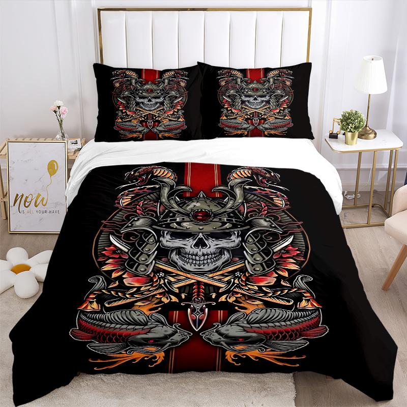 3pcs Anime Samurai Skull Decorative Bedding Set - Includes One Quilt Cover and Two Pillowcases (No Core) - Perfect for Bedroom and Guest Room Decorati