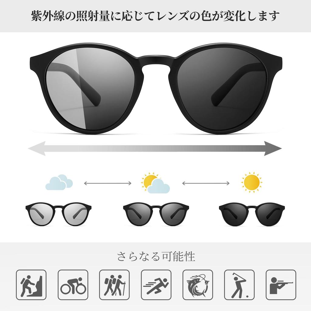 SUNGAIT Classic Vintage Round Polarized Sunglasses for Men and Retro UV400 Protection Frame Women, Style, (Black (Matte Finish)/Photochromic Lenses)