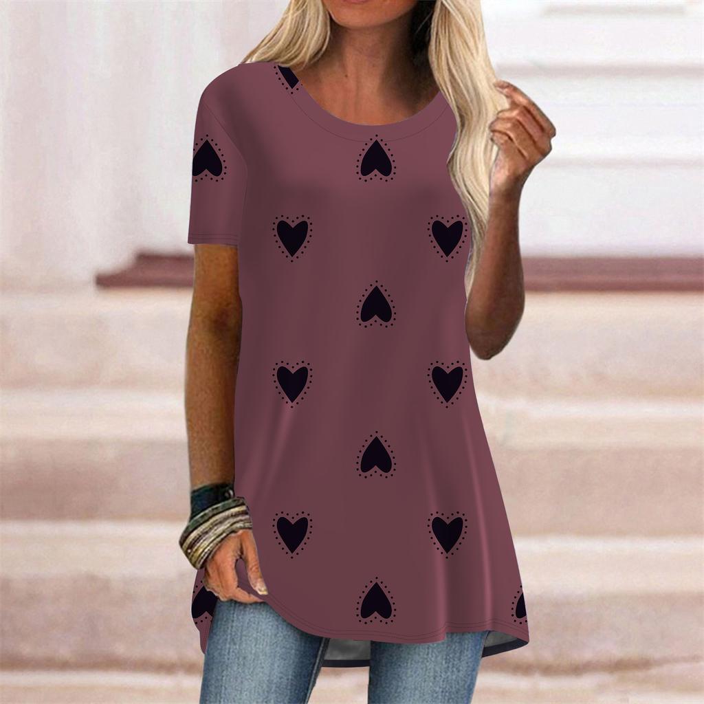Plus Size Women Summer White Heart-shaped Printed Comfy Short Sleeve Round Collar T-shirt Casual Baggy Mid Length Tee Tops