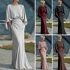 Dames Geplooide Bootnek Bruiloftsgast Jurk, Backless Vleermuis 3/4 Mouw Bodycon Lange Jurk, Formele Feest Cocktail Prom Jurk