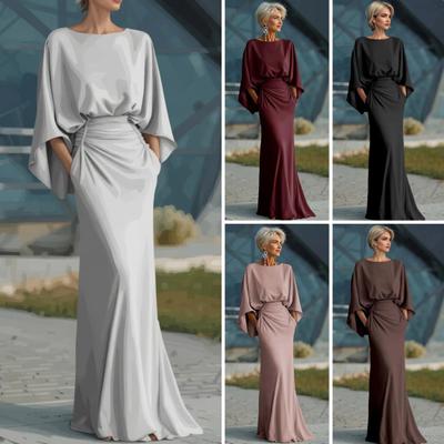 Women Ruched Boat Neck Wedding Guest Dress, Backless Batwing 3/4 Sleeve Bodycon Long Dress, Formal Party Cocktail Prom Gown