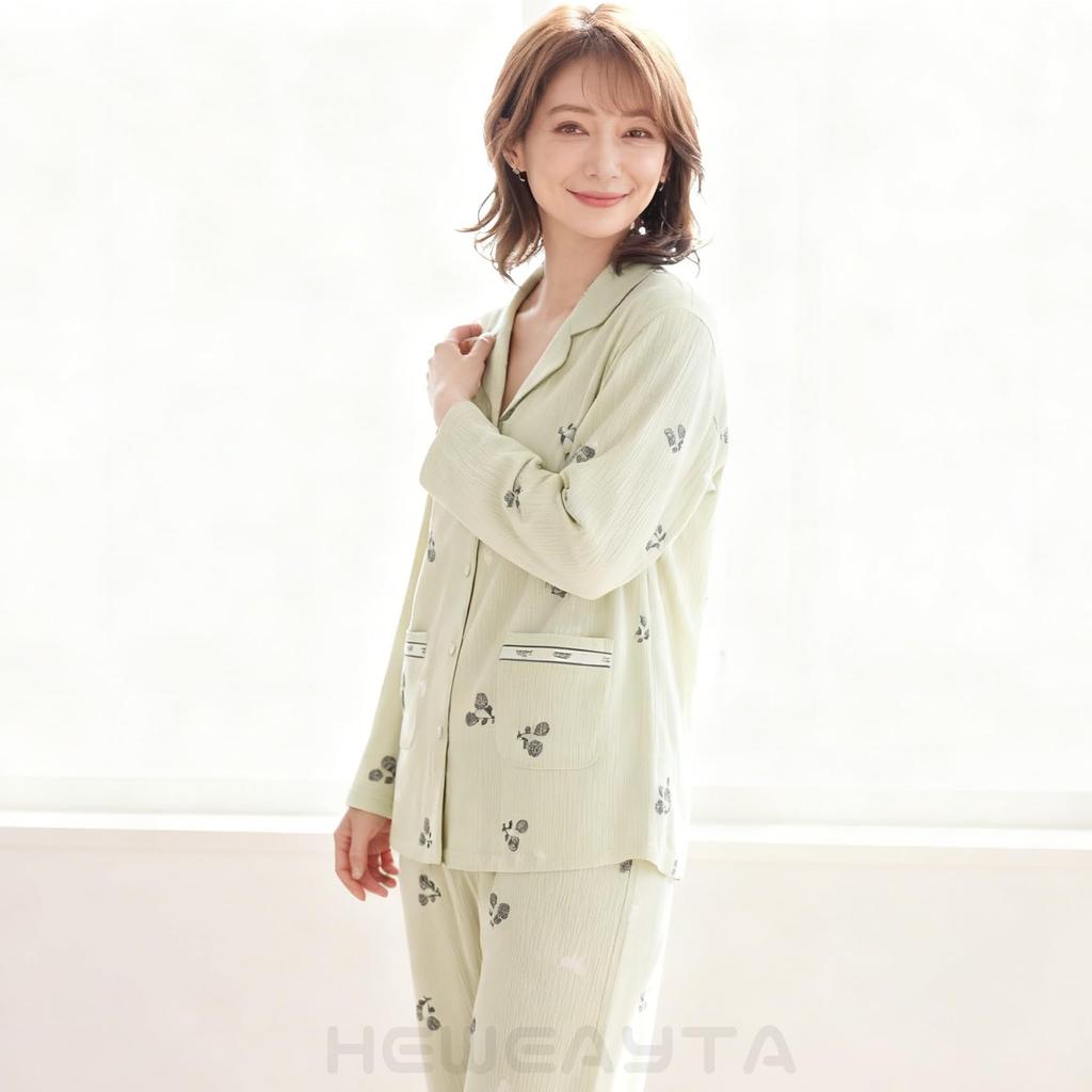 HEWEAYTA Long Sleeve Floral Lightweight Loungewear Set with and Loose Fit Size Women's Open-Front Pajamas, Buttons, Breathable, Comfortable, (Green,