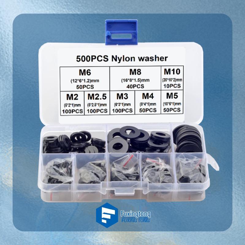 Black Nylon Flat Washer, PA66, Sizes M2-M12, 480-780 Pcs.