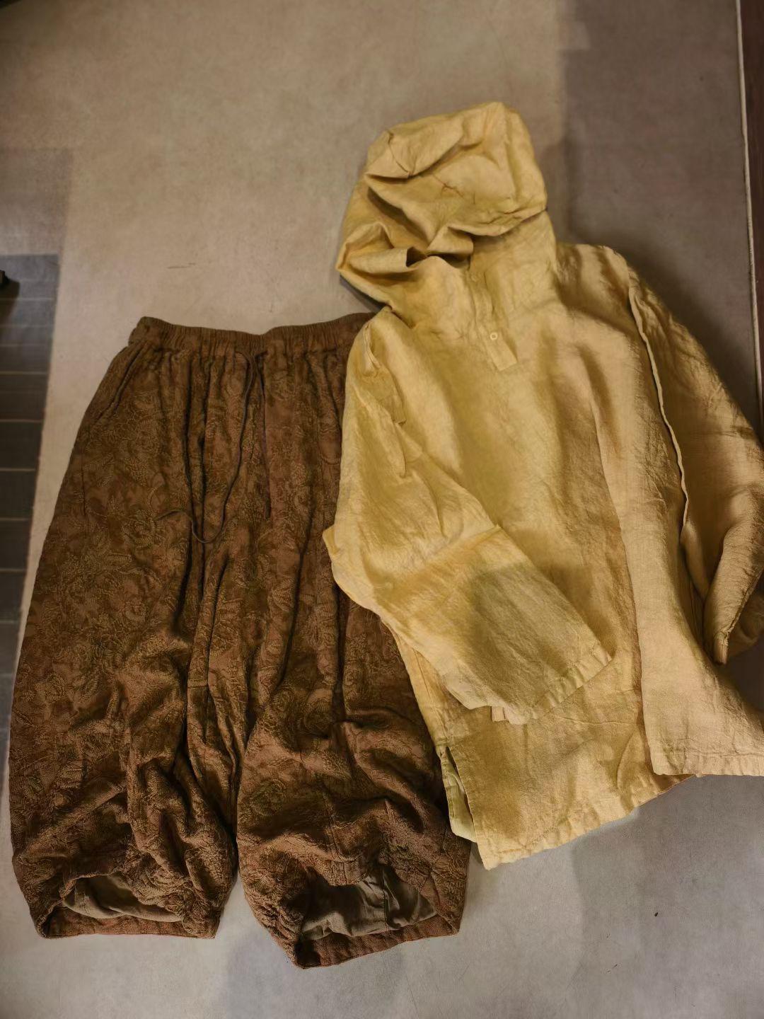 Spring 2026 Retro Linen Hooded Pullover & Embroidered Pumpkin Pants Set Top