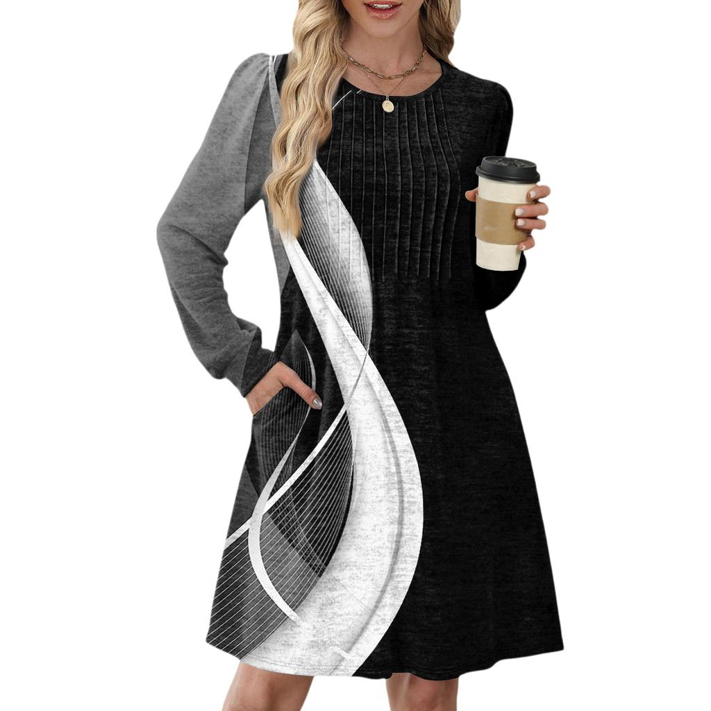 Women's Long Sleeve Pleated Round Neck Vintage Floral Print Casual Dress With Pockets
