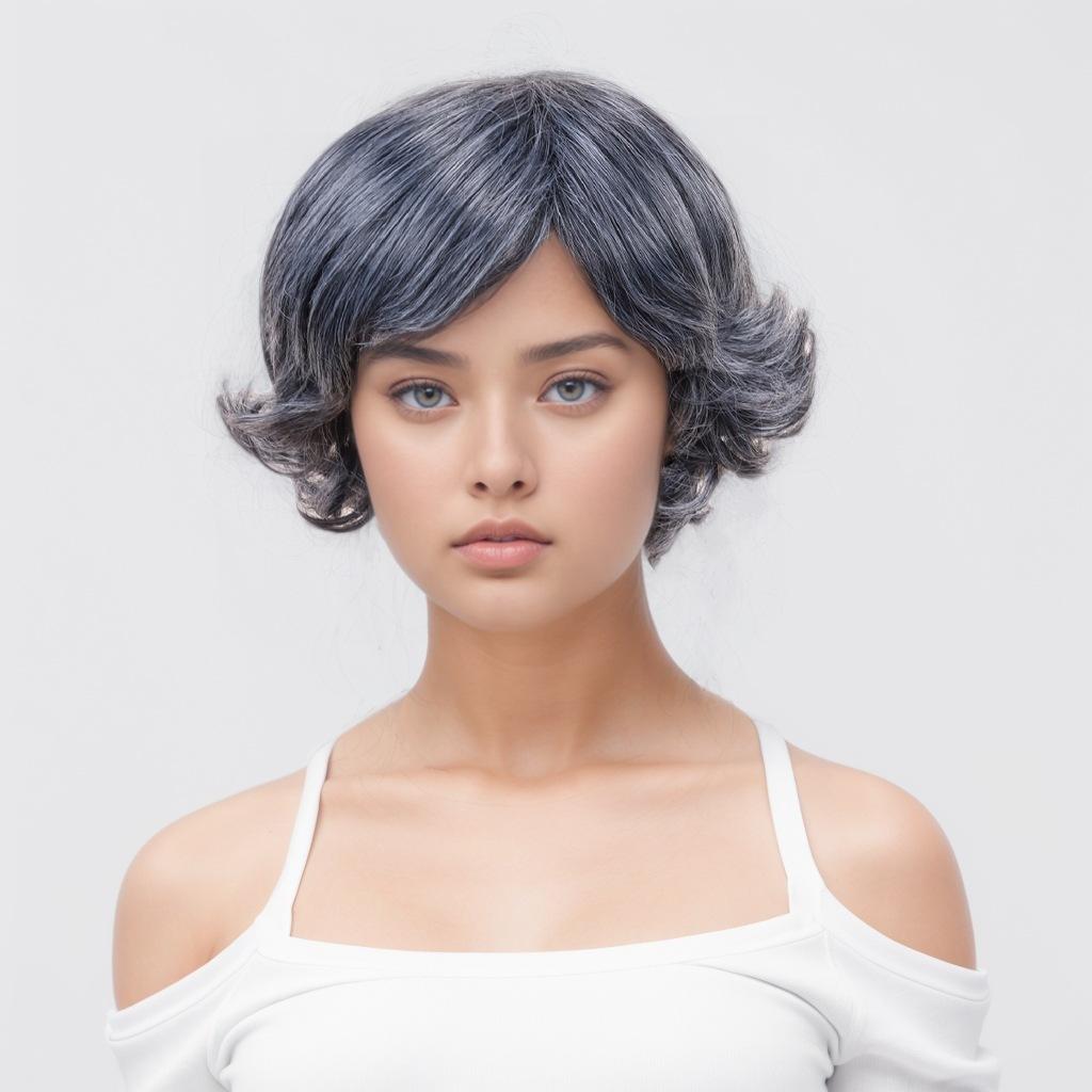 Damenmode Synthetische Flauschige Perücken mit Seitenscheitel Damen Kurze Lockige Schwarz Graue Haare Hochtemperaturfaser Perücken