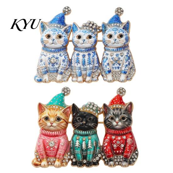 Festive Party Brooch Christmas Three Cat Pin, Men Women Rhinestone Kitten Alloy Lapel Decorative Badge for Clothing Bags Scarves Sweaters Pin