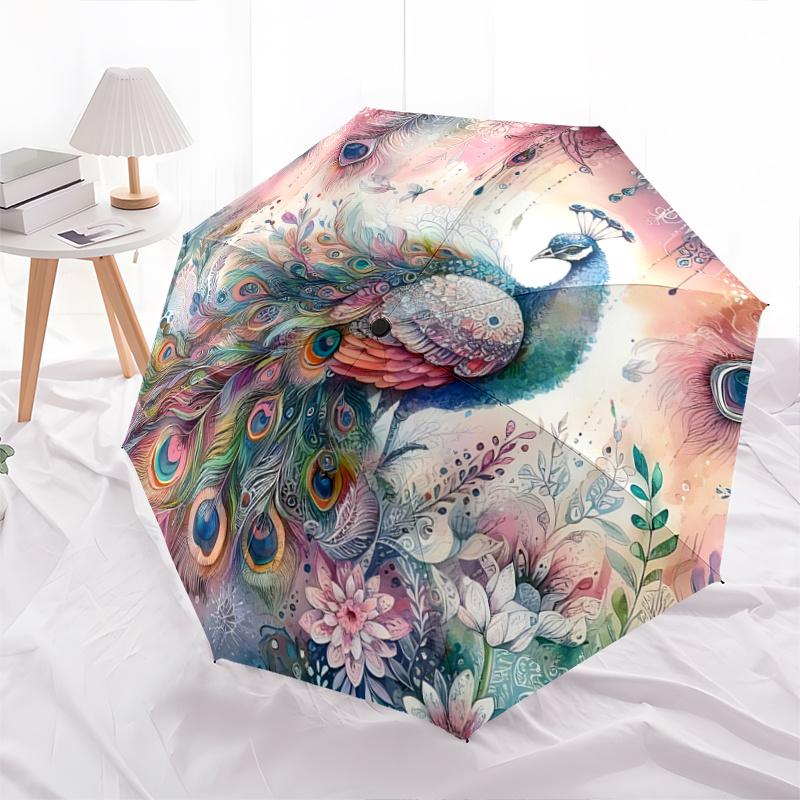 

1pc Peacock & Flowers Pattern Umbrella, Fashionable, Personalized, High-Value Folding Umbrella, a Must-Have for Summer, 8-Rib Durable Iron Frame,