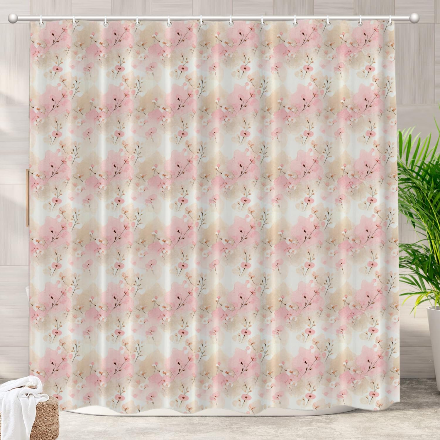 

Pink Watercolor Floral Pattern Waterproof Shower Curtain 180X200Cm - Soft Pastel Print Bathroom Decor For Home Textiles W60H190(CM)-1 Pcs