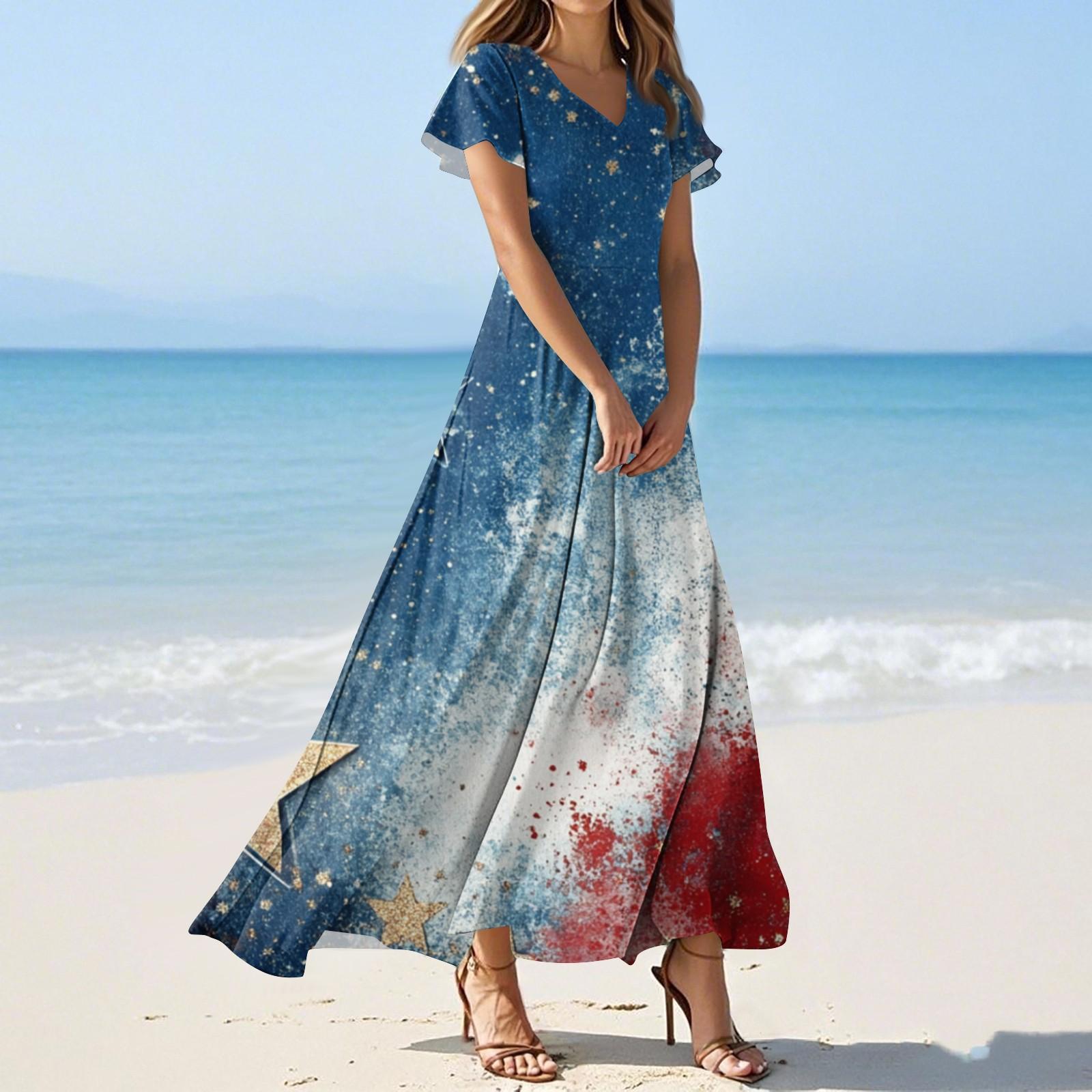 

Женские летние повседневные модные платья с принтом ко Дню независимости, платья с коротким рукавом и V-образным вырезом XL винный