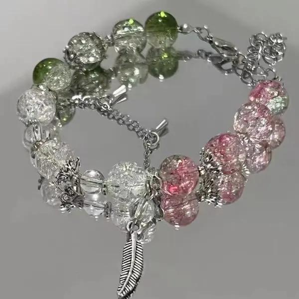 Light Luxury Purple Glass Crystal Beaded Bracelets for Women Chic Butterfly Tassel Pendant Bracelets Sweet Girl Wrist Jewelry
