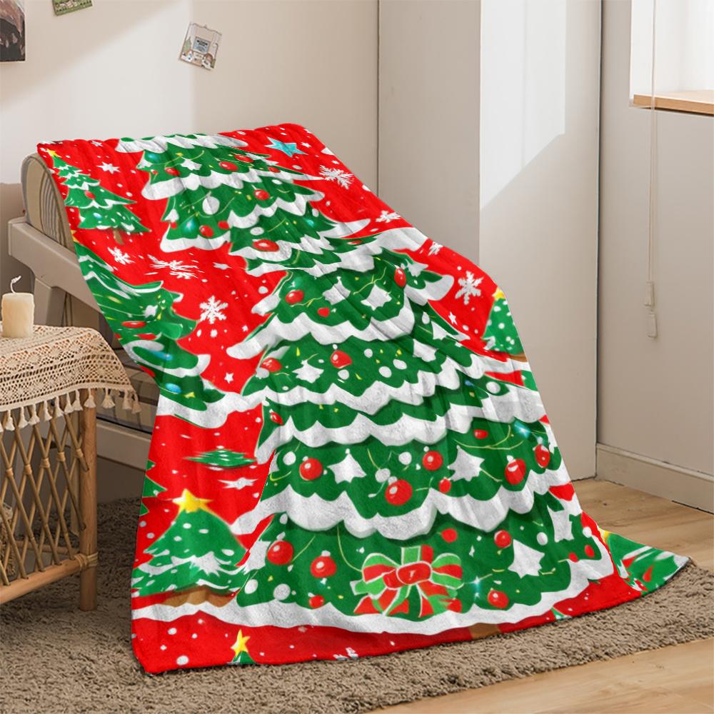 1pc Festive Christmas Tree Print Flannel Blanket - Soft, Warm, Lightweight Polyester Fiber Throw for Sofa, Bed, Travel, Office -