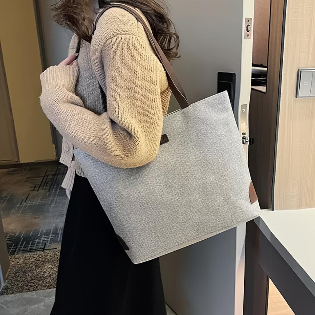 Women Minimalist Beige Large Tote Bag, Brown Shoulder Strap Zip Closure Handbag, Durable Easy Clean Shoulder Bag For College Work Daily Use